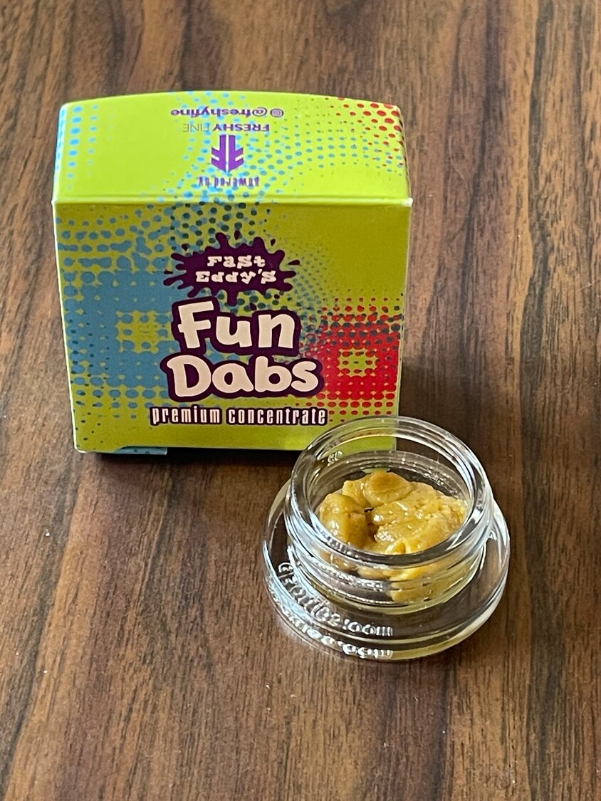 Freshy Fine’s Fast Eddy’s Fun Dabs Candy Cake concentrate smells of vanilla and candy-like sweetness, but don’t let that distract you — it can cause paranoia and intense hunger, so it’s probably best for veteran stoners.