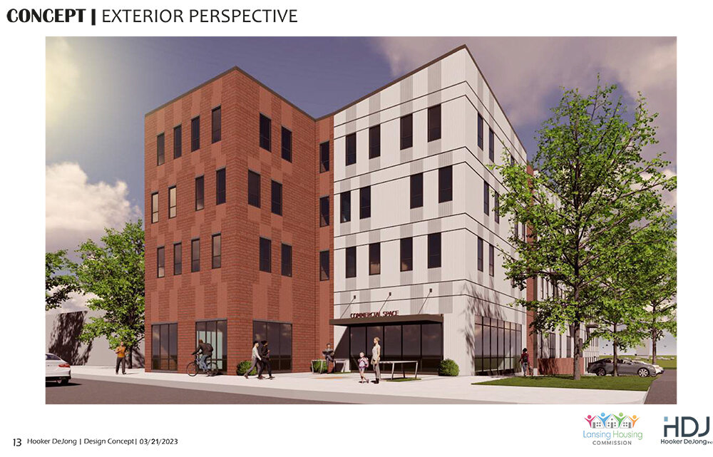Two views of Riverview220, the Lansing Housing Commission’s mixed-income and mixed-use apartment complex planned for the 400 block of South Grand Avenue in downtown Lansing.