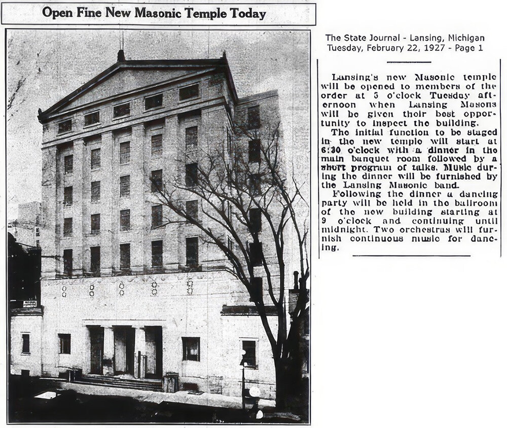 This photo and story, announcing that the Masonic Temple was throwing an open house, ran in the Lansing State Journal in 1927.