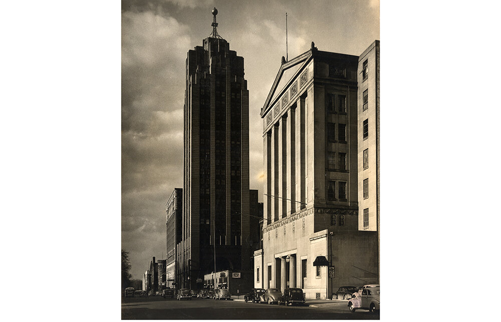 This photo by Gerald G. (Doc) Granger, who worked for the Lansing State Journal, shows the Masonic Temple building in the foreground and what is now known as Boji Tower beyond it.