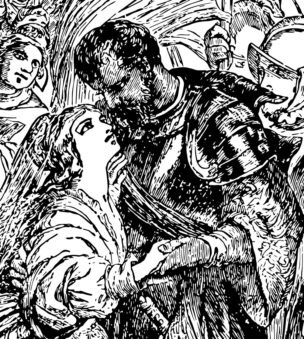 Desdemona and Othello, this scene shows a man holding hand of woman in his hand, vintage line drawing or engraving illustration
