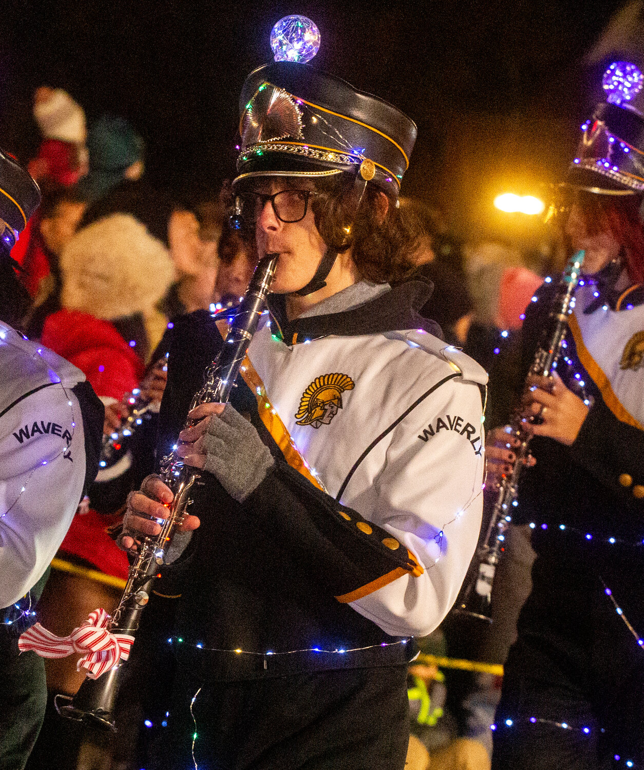 Members of the Waverly High School Marching Band donned holiday lights to brighten up the Electric Light Parade.