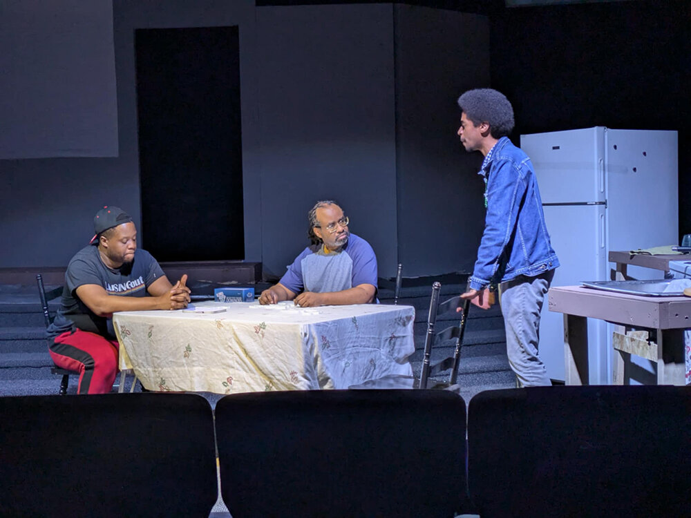 Photo by David Langlois
From left: Jordan Taylor as Ennis King, Kevin Forte as William King and Caleb Liggett as Malcolm King in Ixion Ensemble Theatre’s production of “Broke-ology,” by Nathan Louis Jackson.