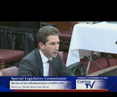 Outgoing Ri.I Medicaid Director Ben Shaffer testifying at the Nov. 30 hearing before the special legislative commission on the future of R.I. EOHHS