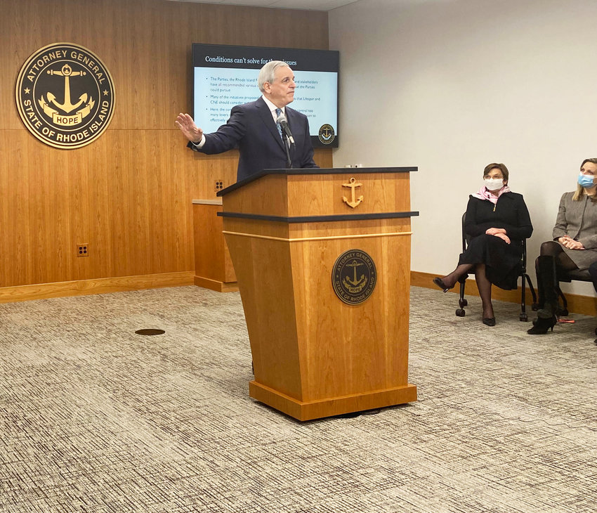 R.I. Attorney General Peter Neronha spoke for nearly an hour, then answer questions about his decision to reject the merger application from the state's two largest health systems, Care New England and Lifespan, because of antitrust laws.