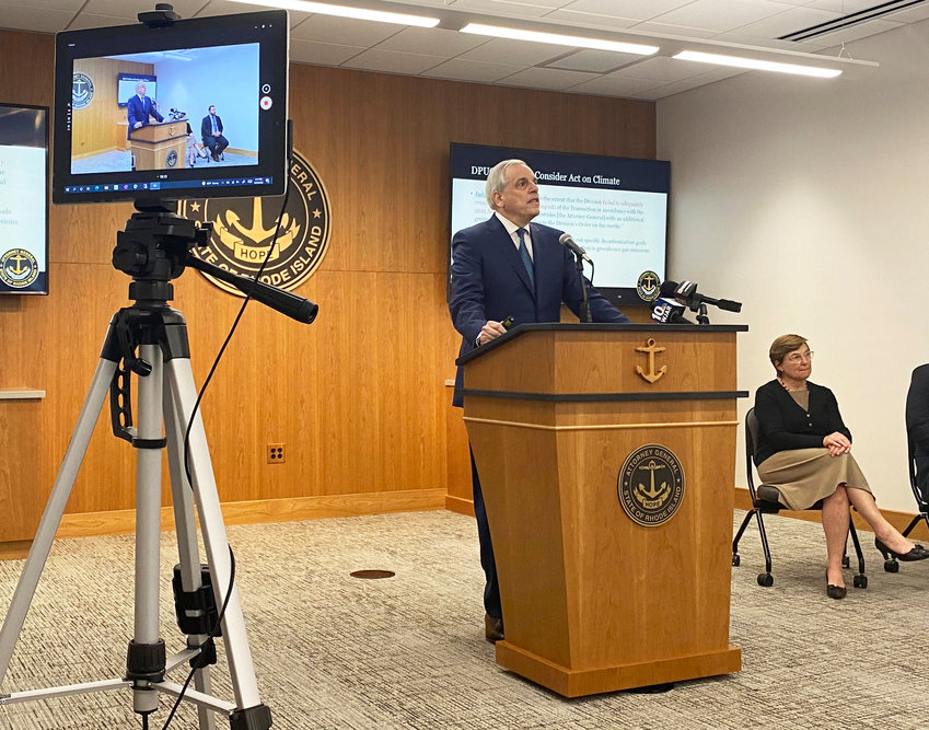 R.I. Attorney General addressing a news conference in 2023.