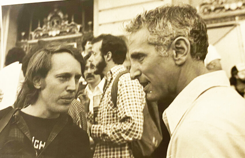 Sam Lovejoy, left, and Daniel Ellsberg, meet backstage at a no-nukes rally in April of 1979,