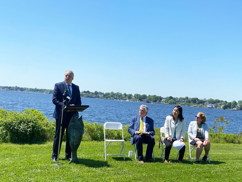 AG Peter Neronha joins Save The Bay's Topher Hamblett, State Sen.Victoria Gu and Rep. Terri Cortvriend to urge passage of a new law to transform the Coastal Resource Management Council into a more effective state authority.