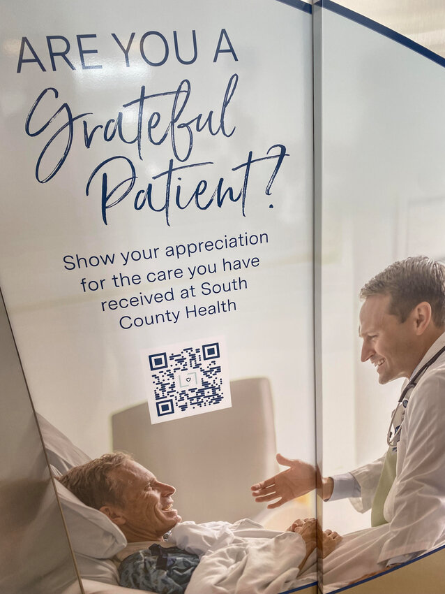 The elevator doors at South County Hospital, where Ortho RI maintains a wing at the facility, offer up a marketing message to patients, asking: &quot;Are you a grateful patient?&quot;