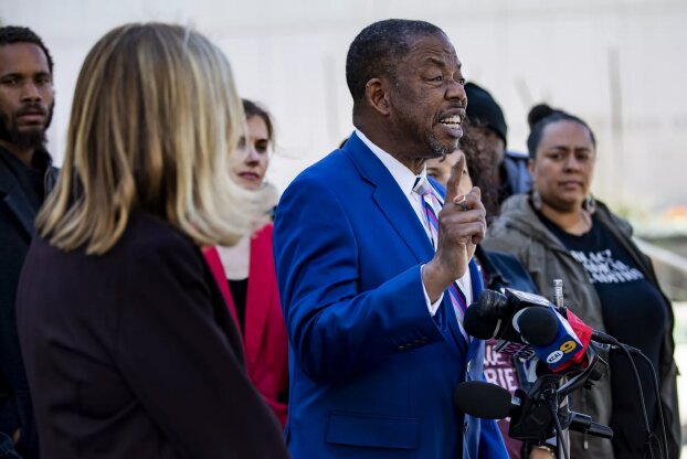 Veteran L.A. attorney Carl Douglas, shown at a news conference in 2020, was disciplined by the California State Bar for allowing associates to sign three subpoenas on his behalf. &ldquo;There is less rope Black lawyers are allowed before complaints are generated,&rdquo; he says. (Gina Ferazzi/Los Angeles Times)