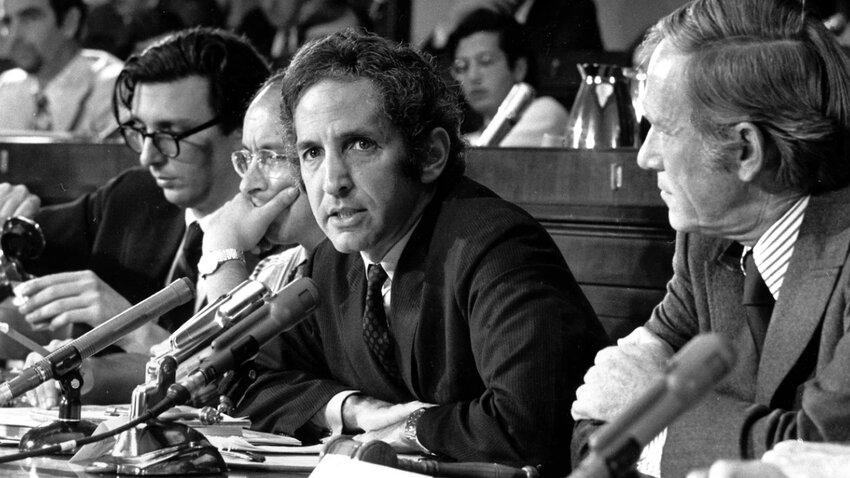 In this July 28, 1971 file photo, Daniel Ellsberg, former Defense Department researcher who leaked top-secret Pentagon papers to the press, speaks to an unofficial House panel investigating the significance of the war documents.  (Anonymous/AP)