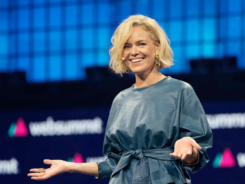 Katherine Maher, the new CEO of Web Summit, delivers her closing remarks on center stage at the Web Summit technology conference, in Lisbon, Thursday, Nov. 16, 2023.  According to organizers, more than 70,000 people from all over the world attended the four-day conference. (AP Photo/Armando Franca)