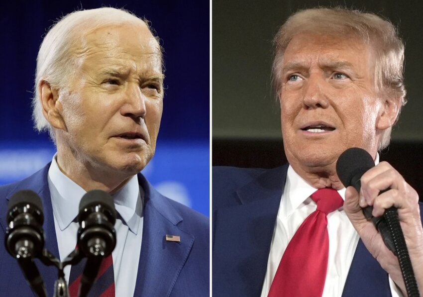 In this combination photo, President Joe Biden speaks May 2, 2024, in Wilmington, North Carolina, left, and Republican presidential candidate former President Donald Trump speaks at a campaign rally, May 1, 2024, in Waukesha, Wisconsin,  (AP Photo)