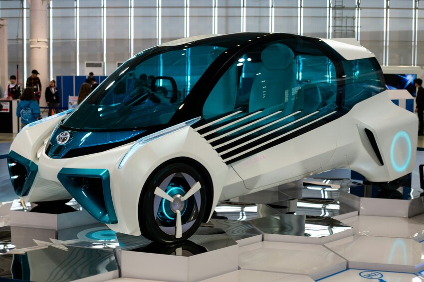 A Toyota hydrogen fuel cell concept vehicle on display at Megaweb Toyota City Showcase in Tokyo.