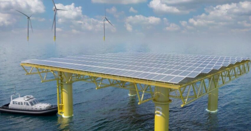 Offshore renewable energy. Offshore wind and PV technology. White boat. SEAVOLT©