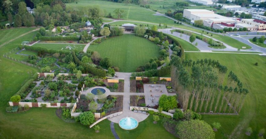 Penn State Drone view of agricultural college. Green landscape