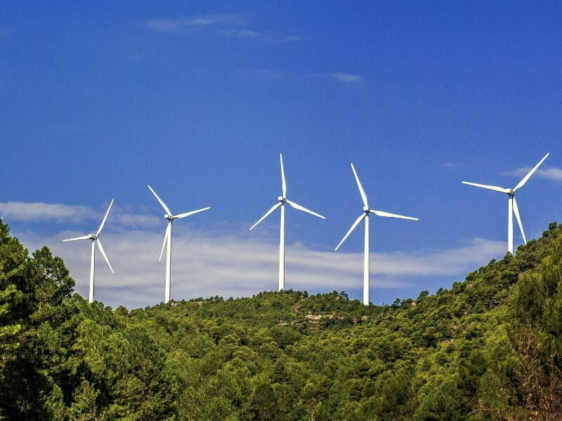 Wind turbines across a hillside, an example of renewable energy.