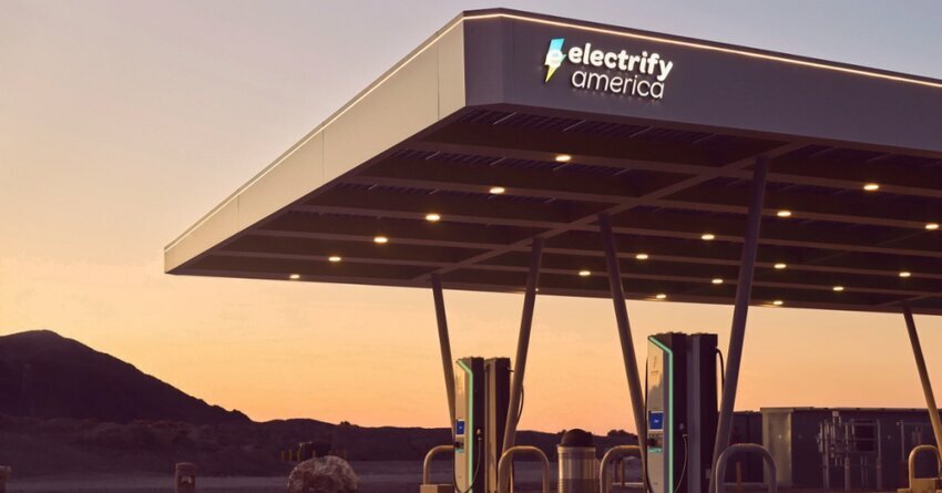 Electrify America gas station at sunset