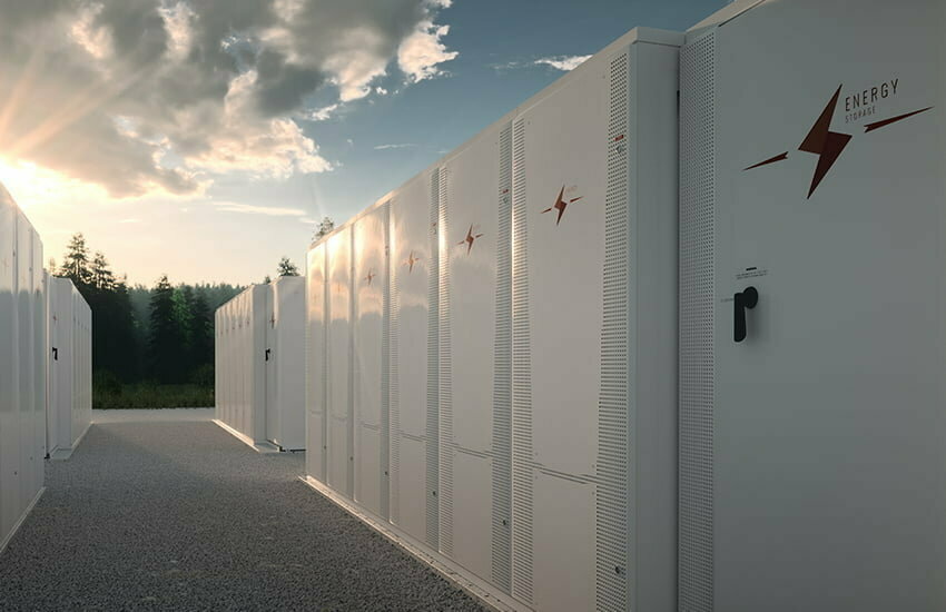 Fengate Energy Storage - white energy storage. Blue Sky with white clouds