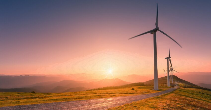 Clean Energy Wind Turbines, Dessert, Mountains, Sunset SRP Babbitt Ranch