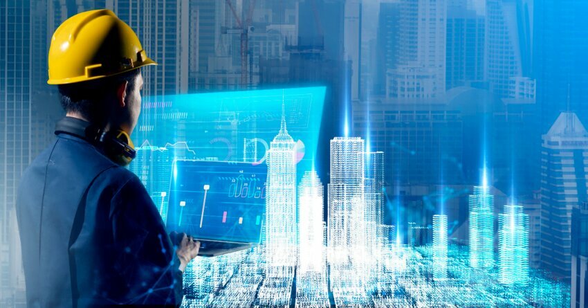 Man in hardhat. Futuristic digital technology buildings. Buildings are Key