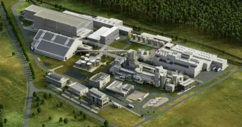 Rock Tech Lithium - securing critical minerals with its first European lithium hydroxide conversion plant in Guben, Germany. Aireal view of a conversion plant