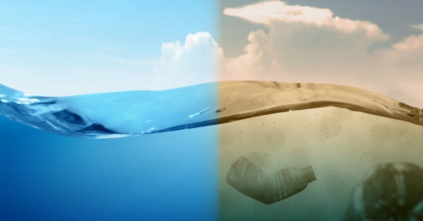 An image of clean blue ocean water is contrasted against dirty, brown ocean water with floating garbage.