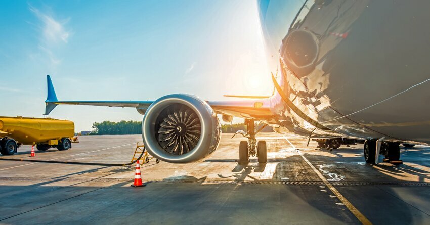 An airplane's engine pictured against a sunny backdrop.