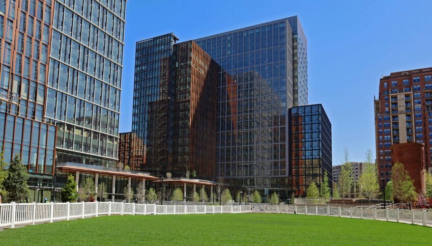 The lawn and exterior of Amazon's Second Headquarters in Arlington, VA.