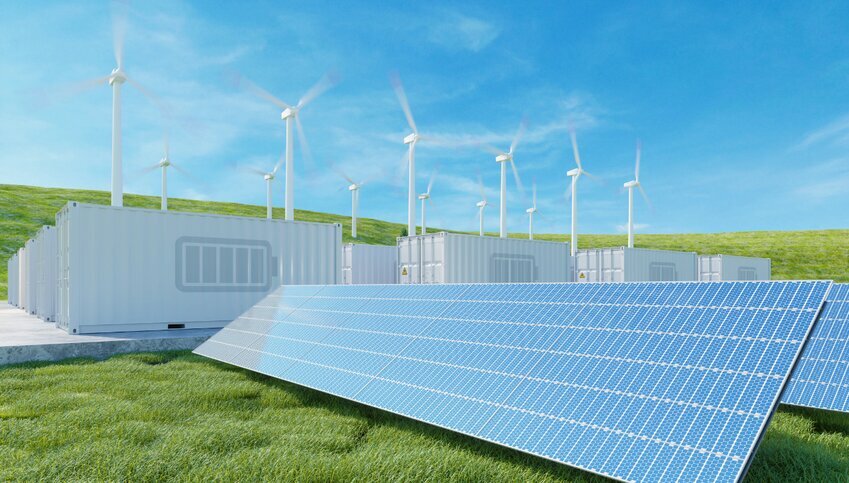 Image of solar panels on a green field with a wind farm directly behind them