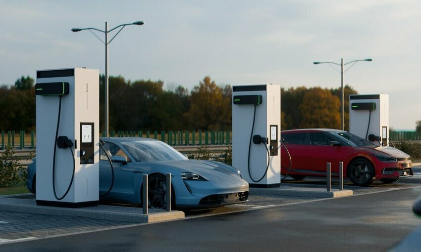 An EVBox Troniq High Power charging station with electric vehicles plugged into it.