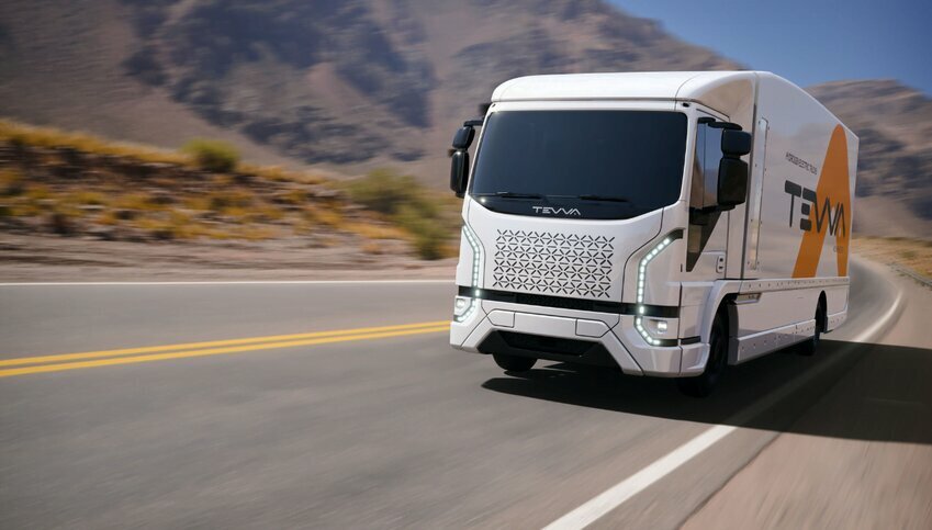 Tevva zero-emission commercial truck pictured on a roadway