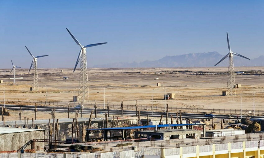 A wind farm for electric power production near Hurghada, Egypt, Africa.