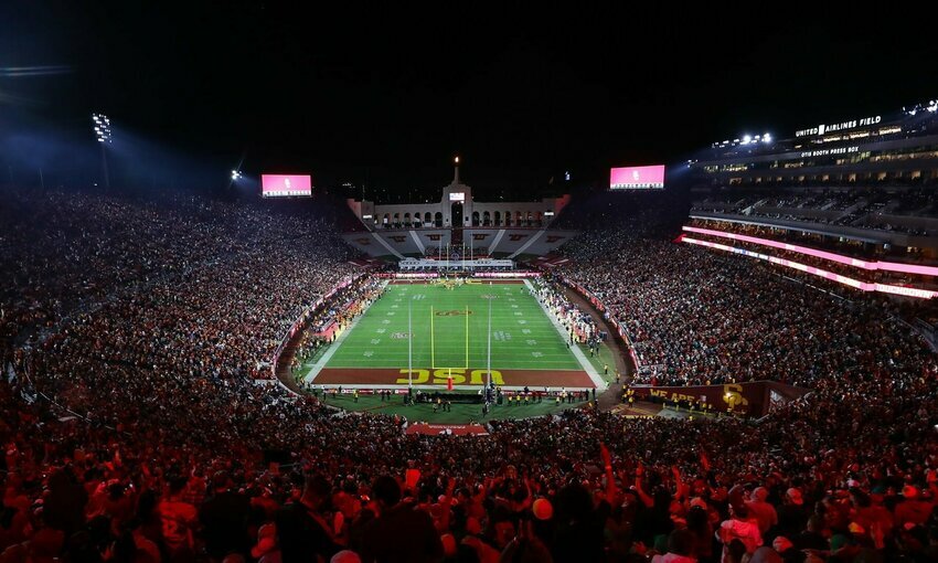 USC football stadium lit up at night