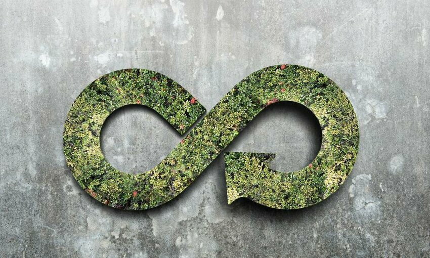 A circular economy symbol made of plants on a wall