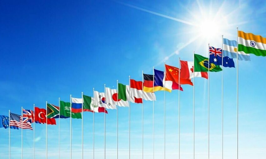 flags of the G20 countries flying in the sky