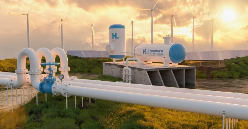 White and blue pipes and canisters holding hydrogen are pictured.