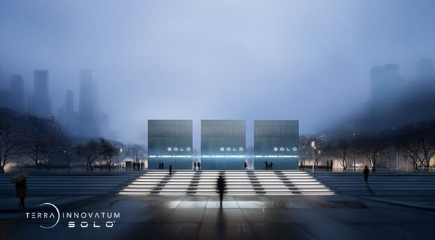 Visual depiction of 1 MWe / 4 MWt SOLO™ units-totaling 3 MWe / 12 MWt-seamlessly integrated into an urban environment.