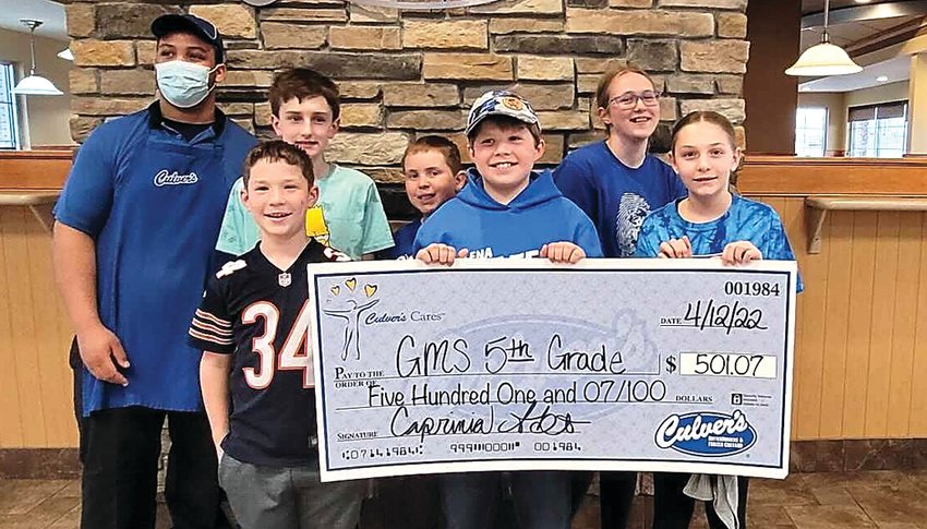 On April 12, the Galena Middle school fifth grade class participated in the Culver&rsquo;s share night, earning their class $501.07, back row from left: Wondale Collier, Brycen Sincock, Aiden Kurt, Grace Evans; Front row: Connor Higgins, Ashton Montgomery and Olivia Schmidt.