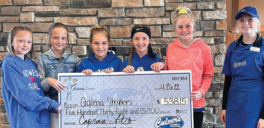 Galena Strikers volleyball team recently netted $538.15 from a Culver&rsquo;s Share Night. Participating in the check passing are, from left, Chloe and Livy Braunreiter, Olivia Lincoln, Brecken Geary, Ava Lange and Keara Embry.