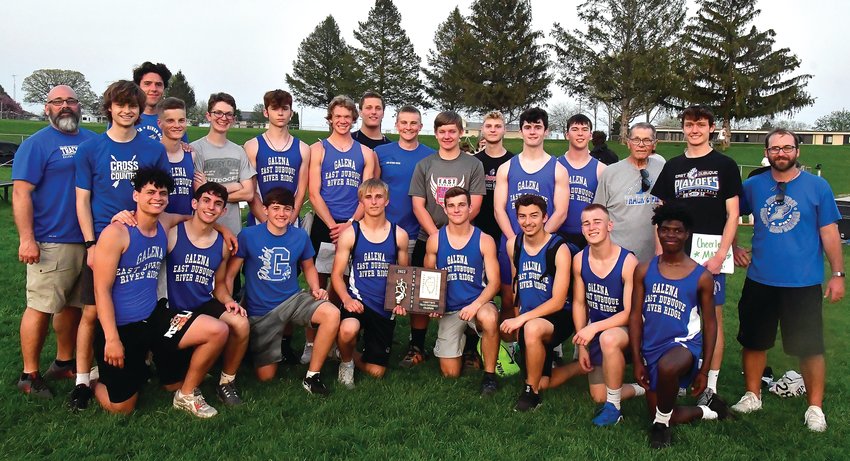 The 2022 Galena/East Dubuque/River Ridge boys track team won the NUIC conference championship on May 12 at Lena-Winslow High School. The championship is the program&rsquo;s first since 2007. Pictured are, back row from left: Coach David Eaton, Wil Quinn, Coach Michael Eyres, Isaac Rife, Will Berning, Treighton McGovern, Owen Murdock, Nathan Haas, Cooper Einsweiler, Evan Mead, Hayden Schemmel, Connor Miller, Caleb Wagner, head coach Dan Gunning, Matt Foote, coach Michael Decker; front row: Gabe Hilby, Ali Alhamdani, Myles Schumacher, Bradey Huseman, Dawson Feyen, River Alvarado, Sam Eaton and Lebron Ransom. Not pictured: Arthur Horn, Aaron Culbertson and coach Brandon Behlke.