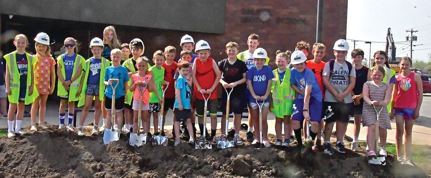 A group of students gathered for the groundbreaking ceremony outside the Galena Middle School on May 11 that celebrated the expansion project that is underway to bring the K-4th grade to the middle school campus.