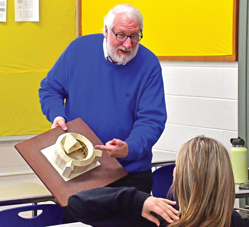 Galena High School English teacher Ron Jenkins teaches a class about the Globe Theater earlier this month. Jenkins will be retiring from teaching after 28 years at Galena High School. He will remain as the district&rsquo;s play director and scholastic bowl coach.