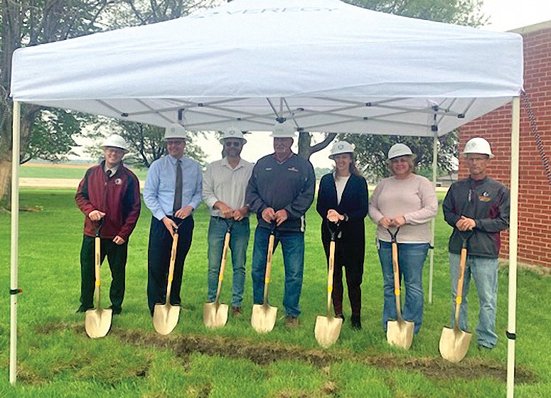 The Stockton School District broke ground on May 18 for the district&rsquo;s new middle school addition. The project will officially begin on May 26 and will be completed in early April. Pictured are, from left: Jason Volk, 7-12 principal; James Bunting, superintendent; Dan Breed, board member; Roger Groezinger, board secretary; Nicole Haas, board president; Stephanie Broshous; board member and Scott Hayes, board vice president.