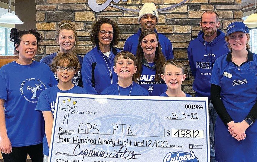 The Galena PTK participated in a Share Night. Culver&rsquo;s donated $498.12 to the group. Participating in the check passing are, back from left, Kairlyn Stumpf, Lori Buss, Jordan Rijpma and Stephen Gates; middle, from left, Erika Jurechka, Apryl Gates and Anna Wentz; and front, from left, Cypher Smith, Hayden Gates and Hudson Gates.