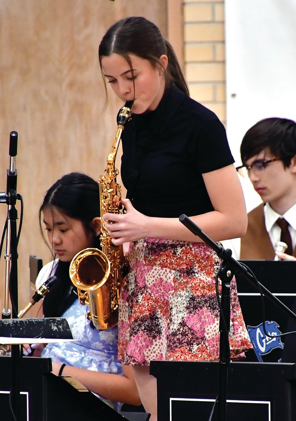 Ayden Wells performs a solo on saxophone during the Galena High School jazz band&rsquo;s performance of &lsquo;Chameleon&rsquo; on Sunday, May 15 at Galena High School.