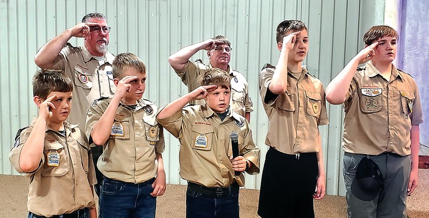 Galena Boy Scout Troop 95 assisted with the flag ceremony at a luncheon on May 22 and a dinner on May 23 for honor flights that left on May 23 and May 24, respectively, from the Dubuque Regional Airport. The scouts also helped serve meals for the veterans. Pictured, back row, from left: AJ Soat, Patrick Hyde; front row: Sawyer Wall Penoyer, Graham Miller, Ashton Montgomery, Evan Main and Quin Wells.