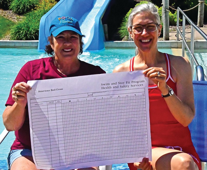 Paula Schonhoff and Pam Mellskog hold a copy of the American Red Cross swim and stay fit chart that Schonhoff found on Ebay. The program is returning this year after a multi-decade hiatus.