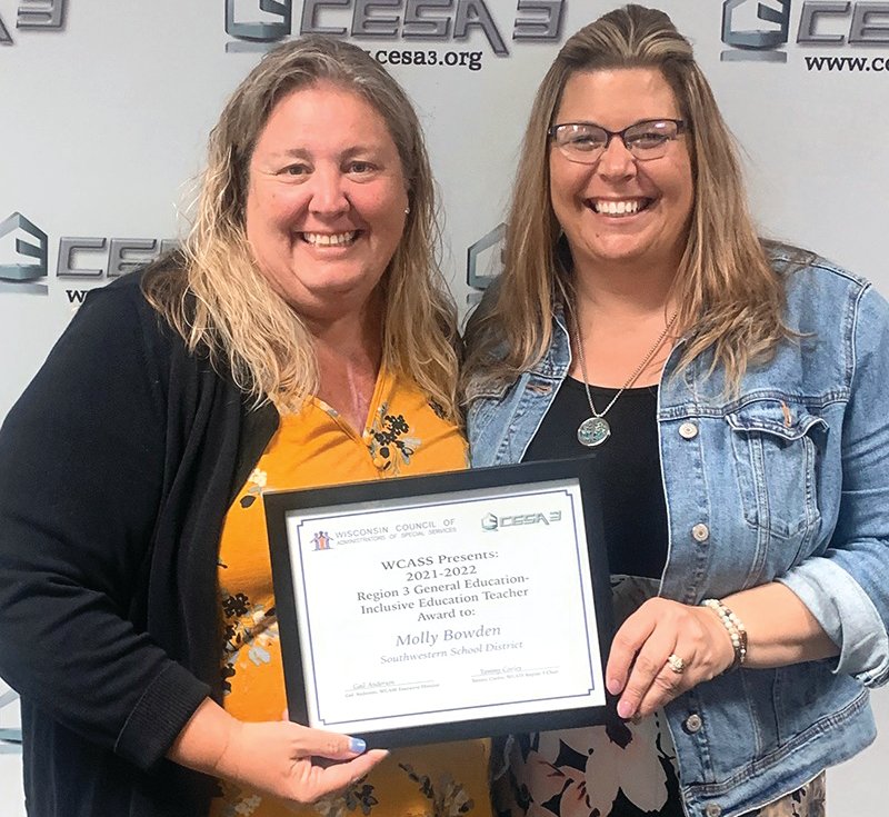 Southwestern fourth grade teacher Molly Bowden was recognized as the Wisconsin Council of Administrators of Special Service&rsquo;s Region 3 General Education-Inclusive Education Teacher award. Bowden, left, is pictured with Angela Barth, Southwestern School District&rsquo;s director of pupil services.