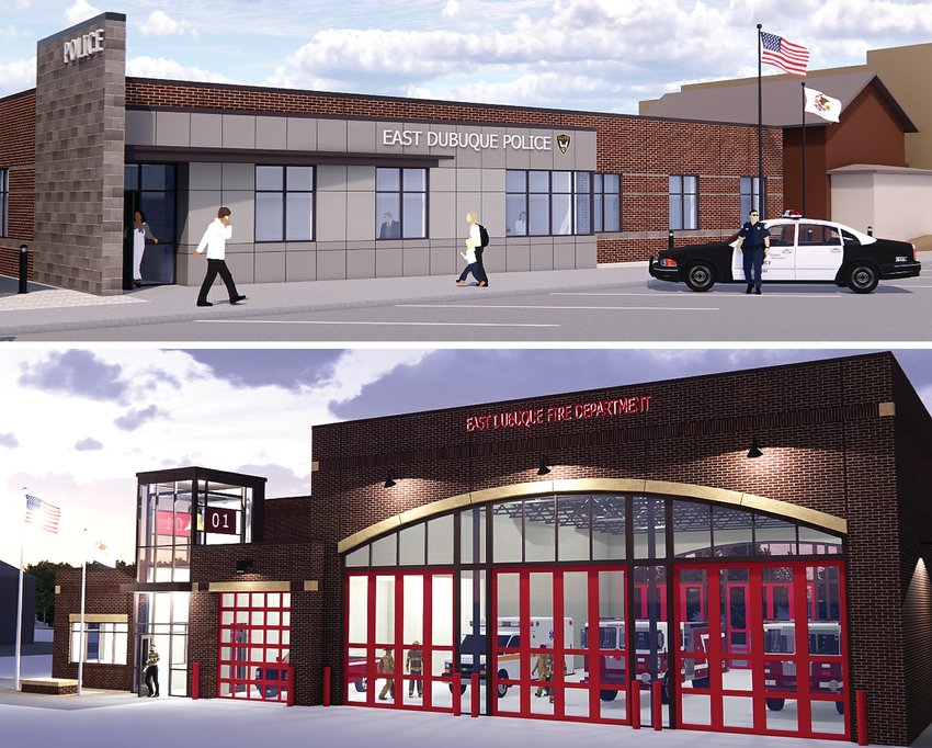 Renditions of the proposed East Dubuque police (top) and fire (bottom) stations. Mark Ruden, Origin Design vice president and director of architectural operations says that there is no &ldquo;fluff&rdquo; in either building and that every square inch will be used.
